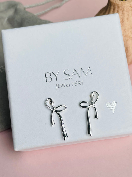 925 Silver Bow earrings, Bow knot bridesmaid earrings